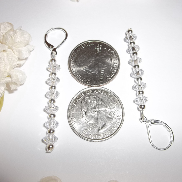 Long Earring Set Clear & Silver Beaded Drop Sleek Dangle Drop Gift Idea 4638 - Picture 4 of 7
